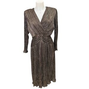 Hal Ferman Donald Curtis metallic Pleated Crepe Midi Dress‎ Vintage Retro sz 18